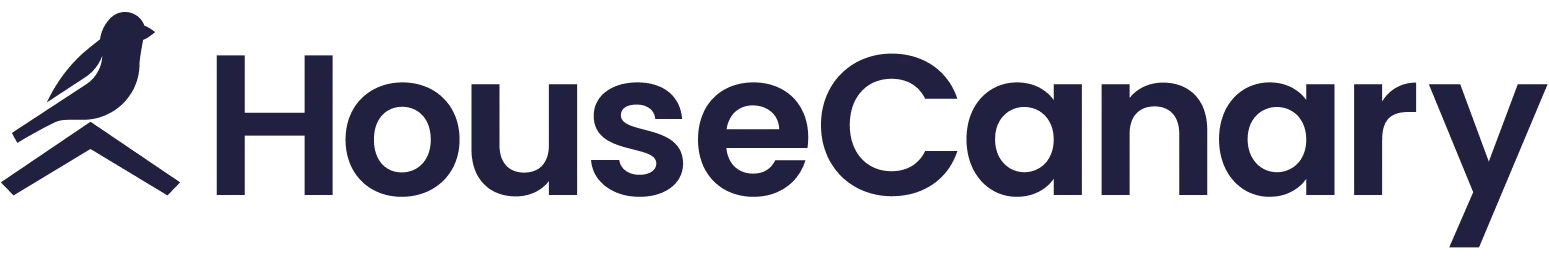 The HouseCanary logo has a canary's silhouette perched atop a roof next the the name HouseCanary.