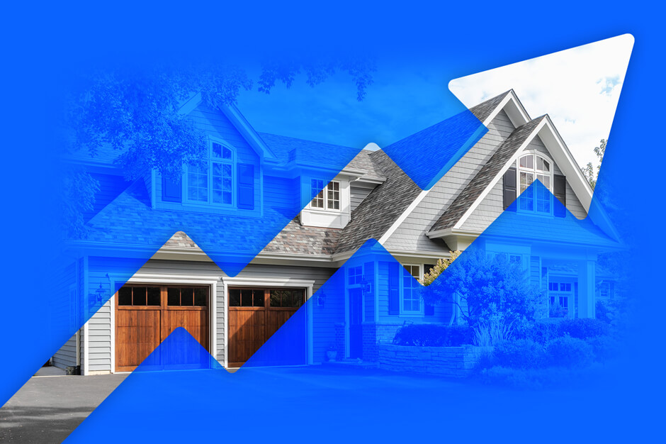 photo of a home with an upward trending arrow overlay