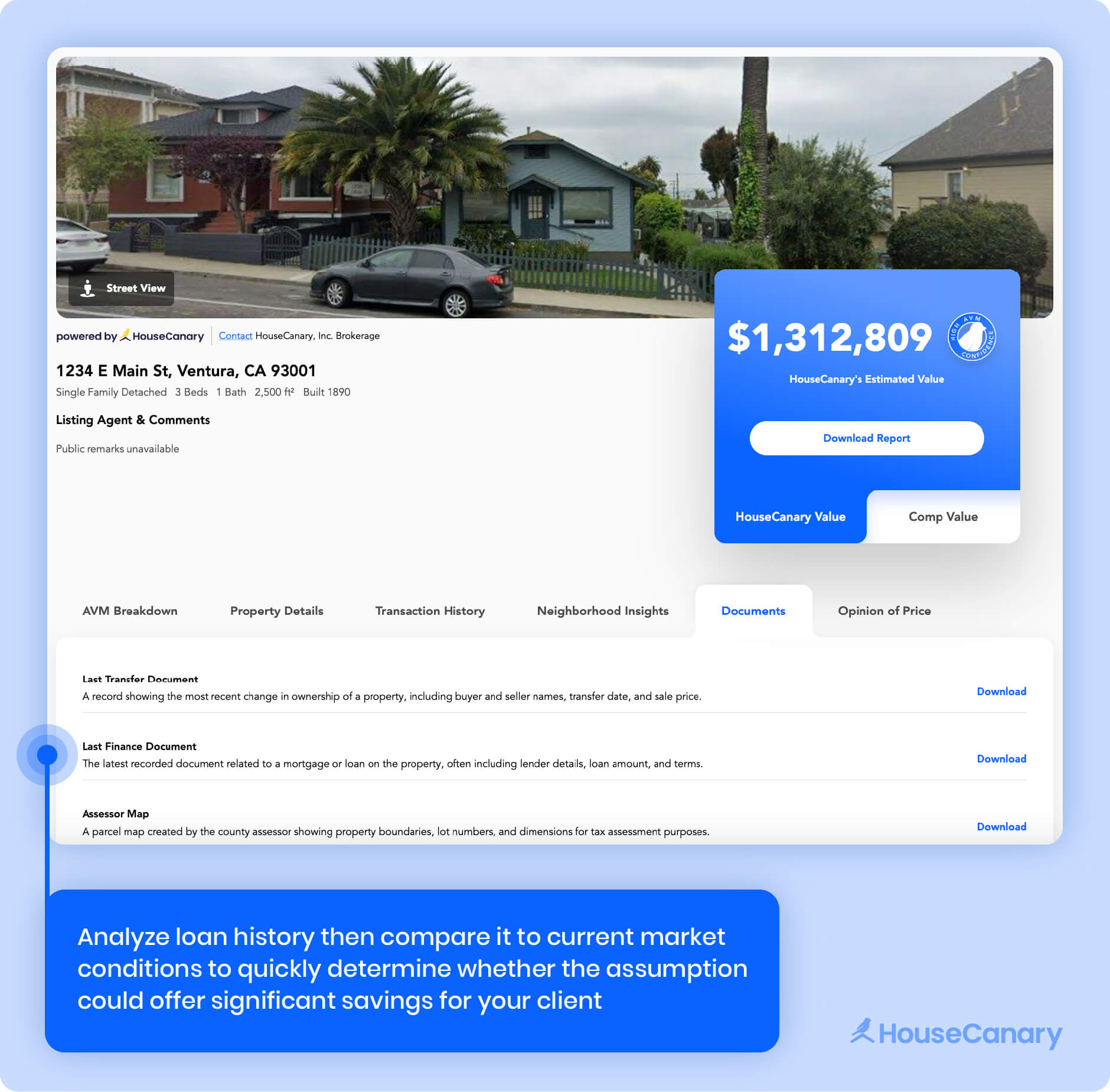 HouseCanary report for 1234 E Main St, Ventura, CA, showing a $1.31M home with documents to analyze assumption savings