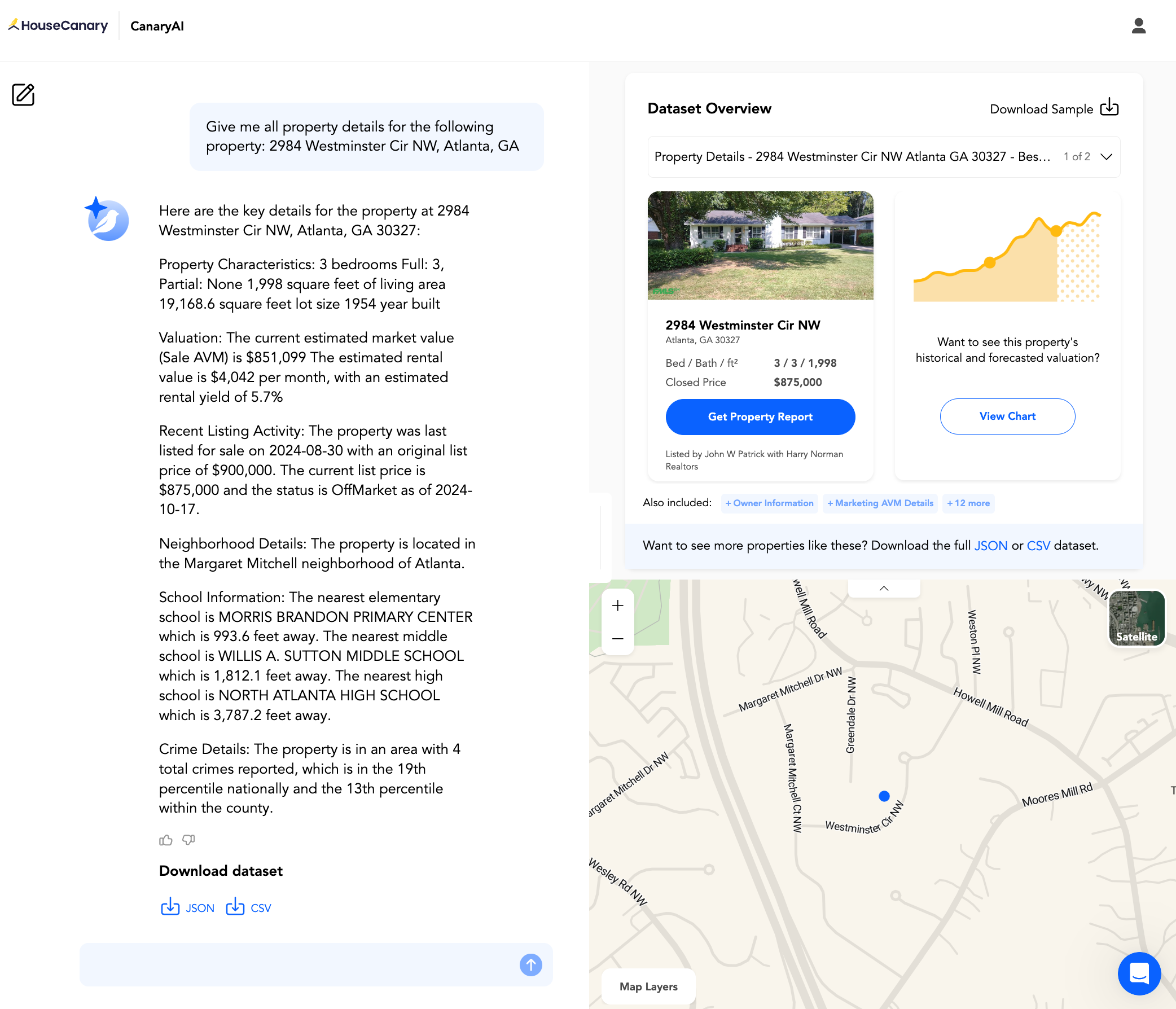 Property Explorer CMA showing detailed property features and AI-powered estimated value for the subject property