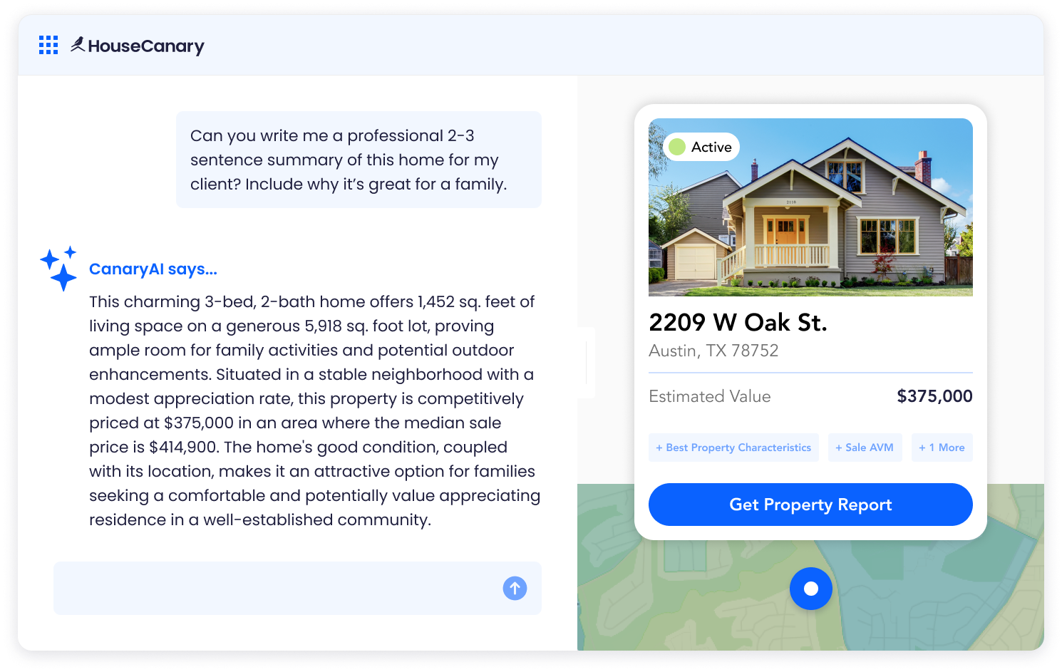 CanaryAI property summary delivering AI-generated valuation data and market context for comparative analysis
