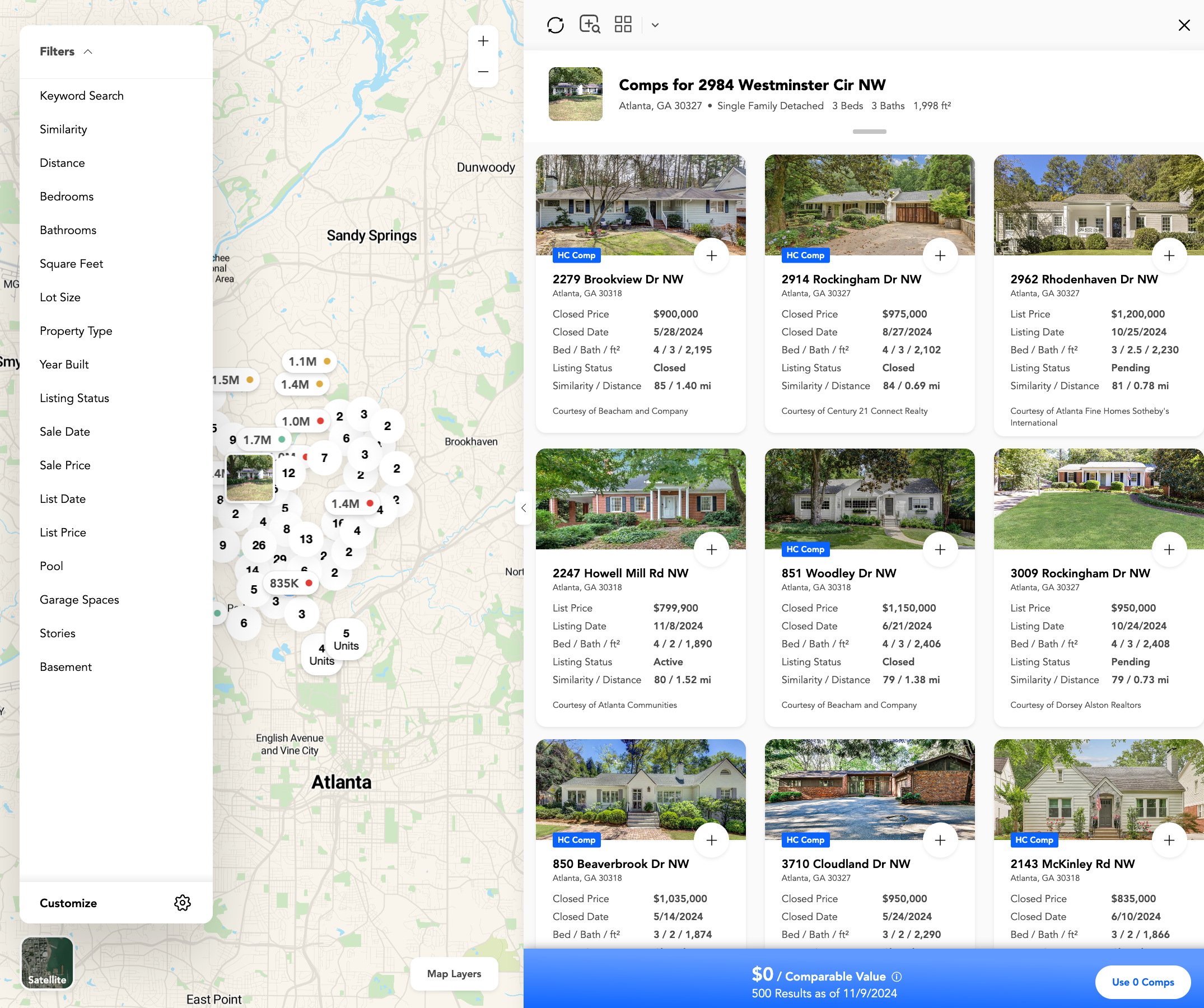 Property Explorer comparable properties filtered by proximity, condition, and updates for accurate CMA analysis