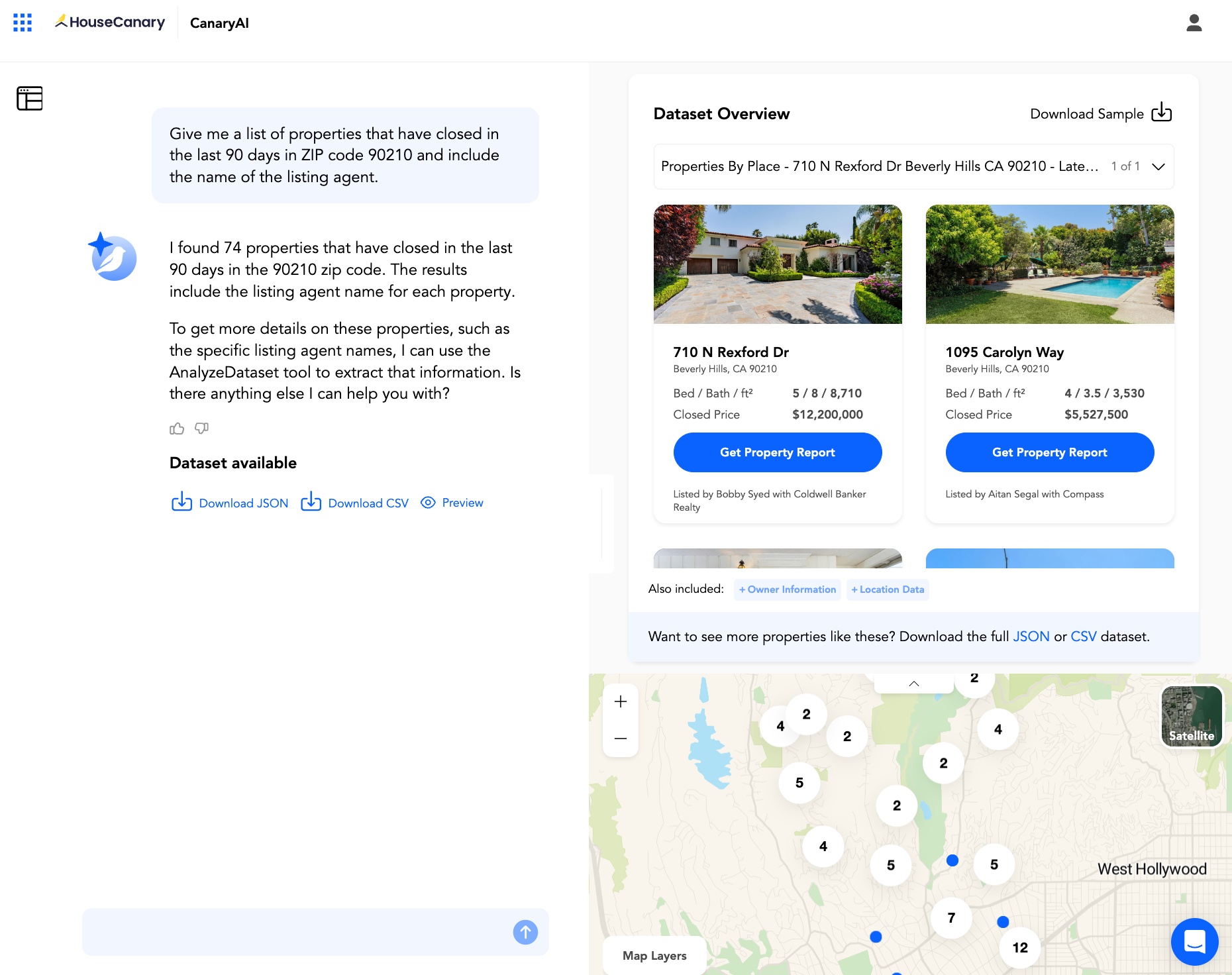 CanaryAI recent closed listings view displaying buyer and seller activity data for competitive market analysis