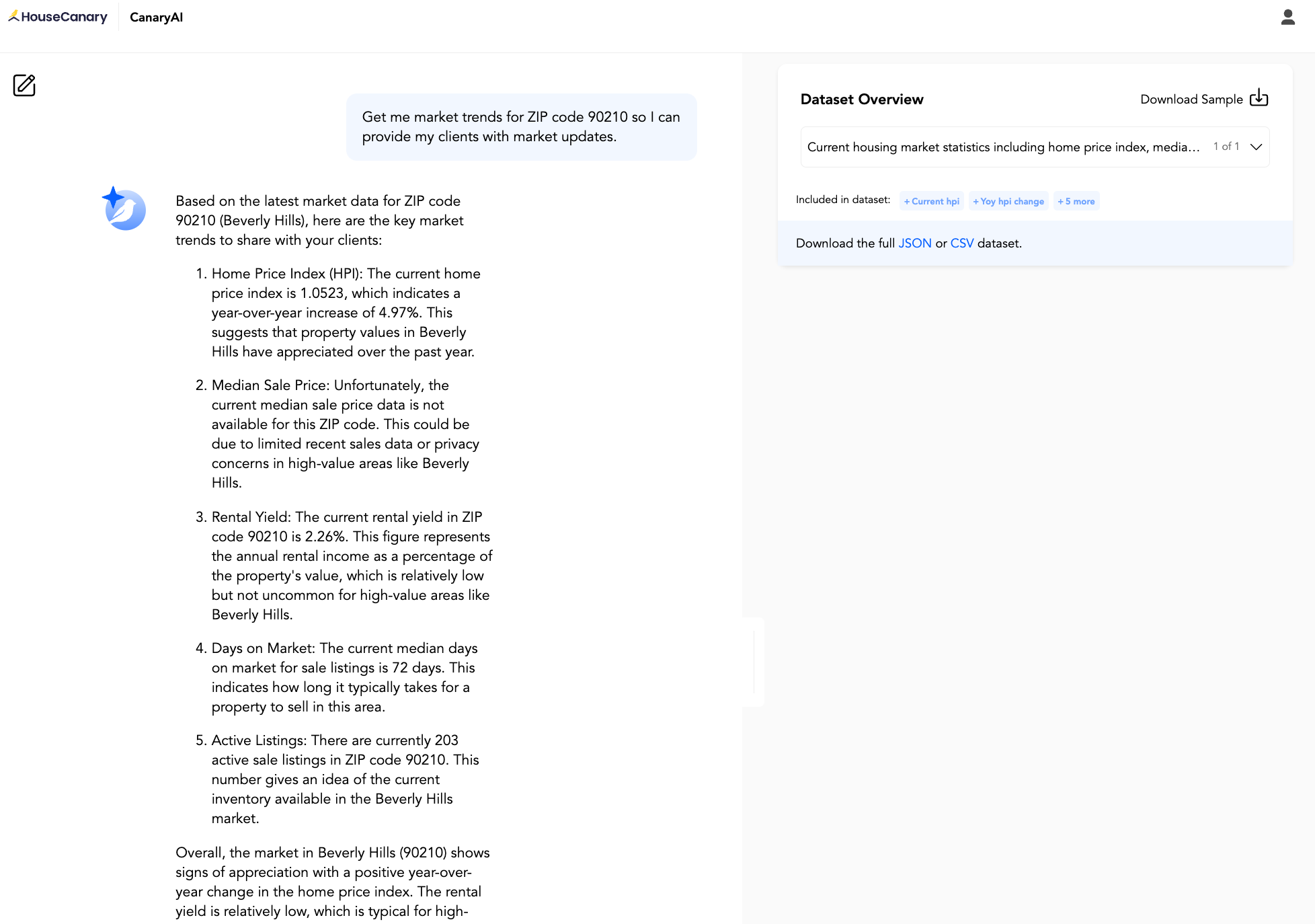 CanaryAI market trends dashboard showing local property demand, price fluctuations, and neighborhood activity metrics
