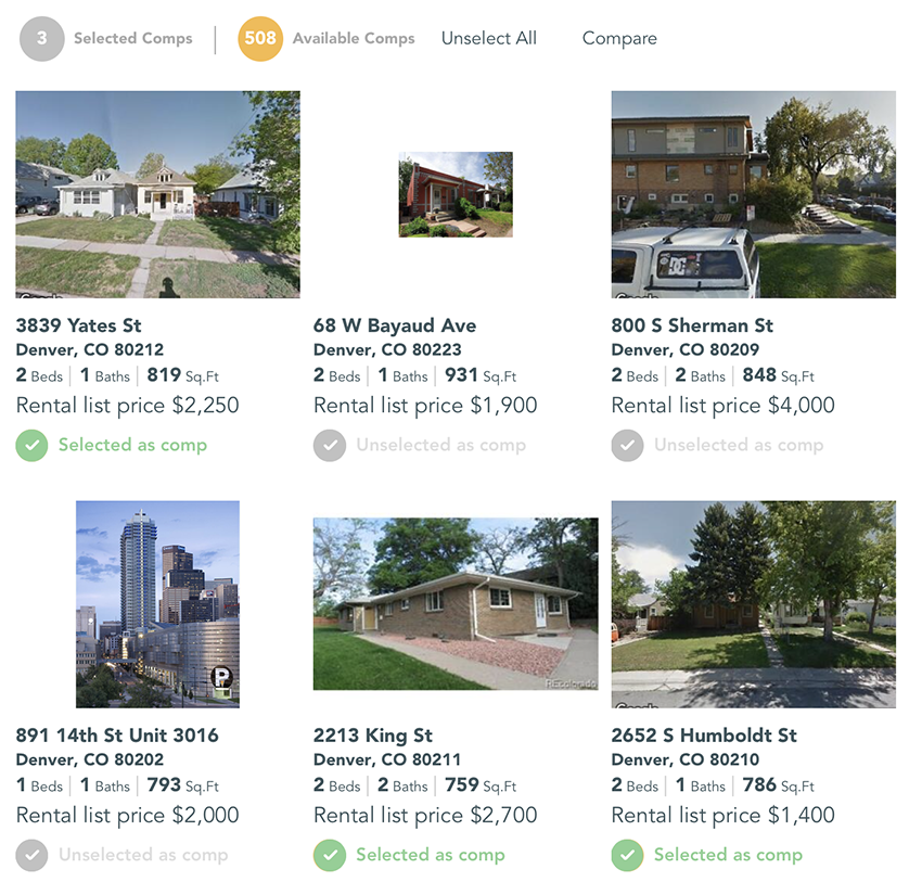 A user interface of the rental avm product showing comparable properties