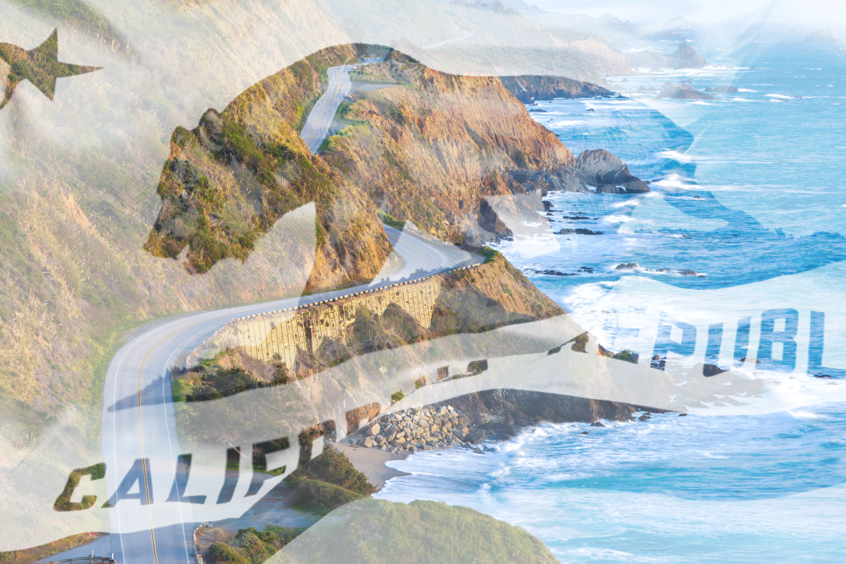 Image of the California state flag overlaying an image of California's Highway 1 road running cliff-side along the ocean.