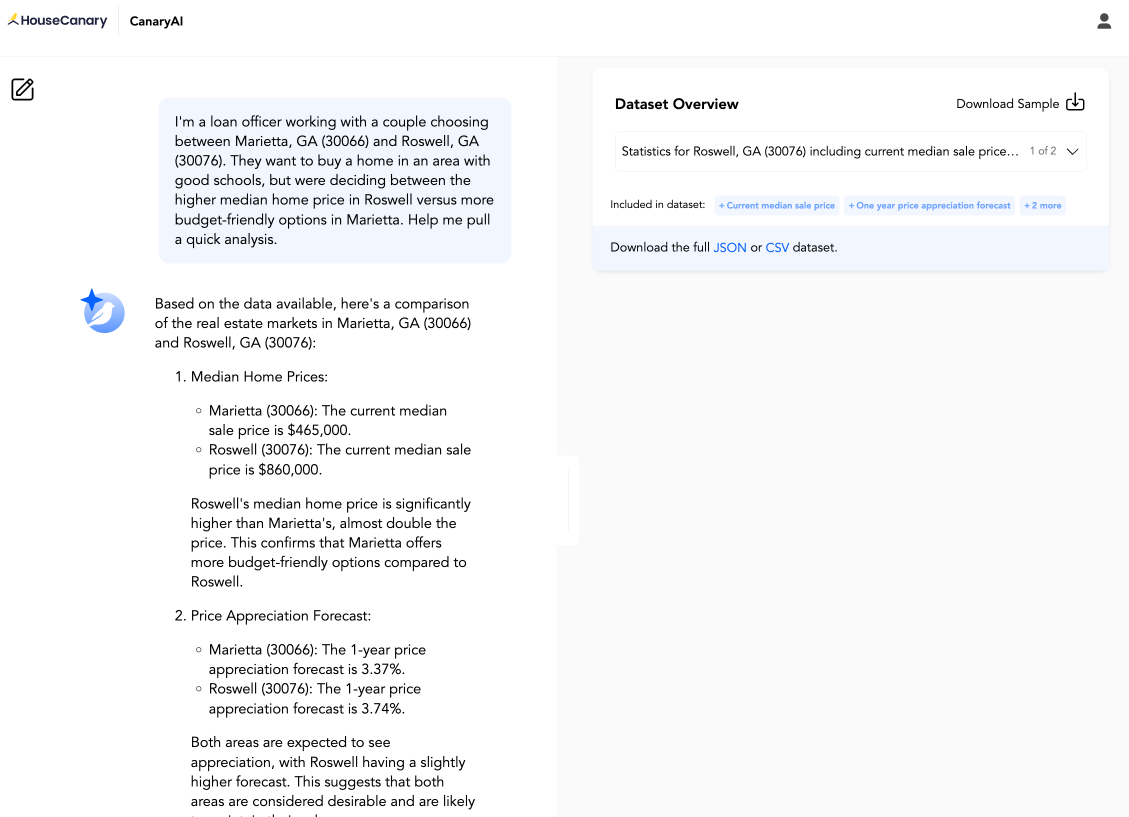 CanaryAI side-by-side ZIP code comparison showing median home price differences between neighborhoods