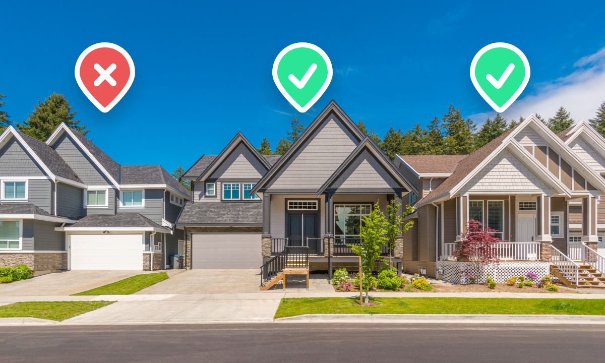 Street view of the front of three houses. The house on the left has a red drop pin with an 'x' in it, while the houses in the middle and on the right have green drop pins with check marks in them.
