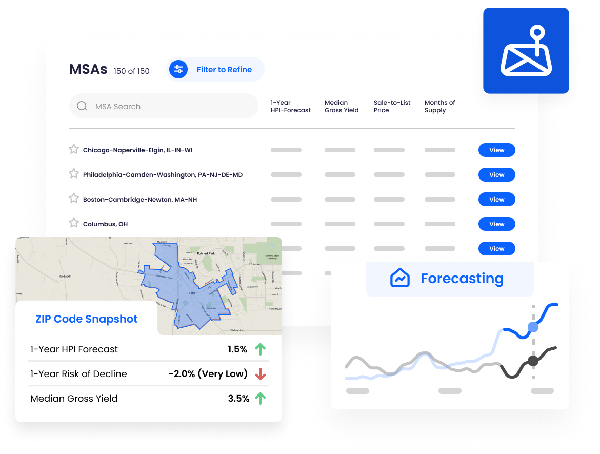 Market Insights dashboard showing ZIP and MSA-level real estate trends including median home prices and key indicators