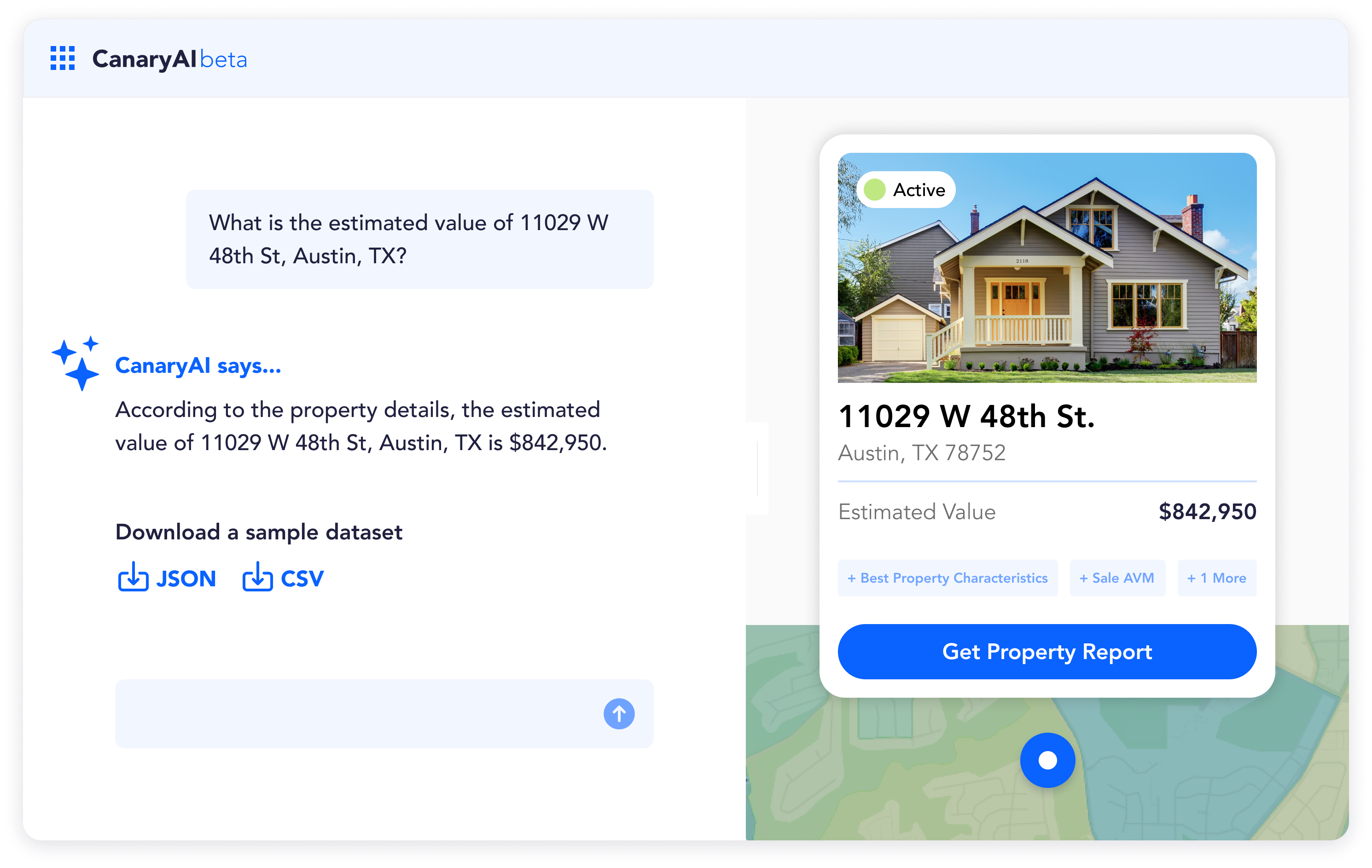 CanaryAI automated valuation model displaying estimated property value for quick pre-qualification assessment