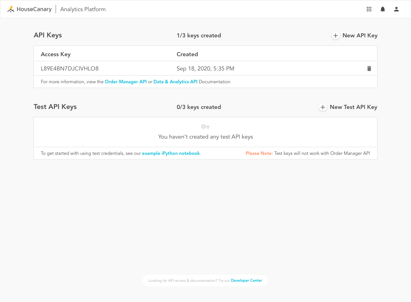 Developer Center API keys management page with buttons to generate new API Key and Test API Key credentials
