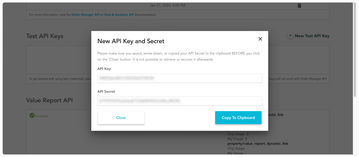 API Key and Secret credentials display — store securely as the Secret cannot be retrieved after initial generation
