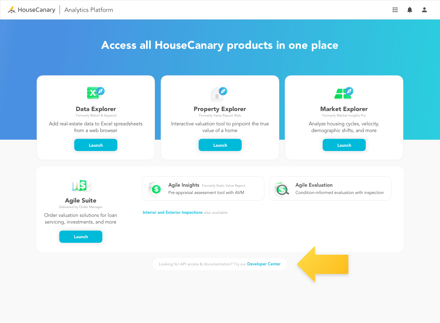 HouseCanary Developer Center homepage for accessing the Data Explorer real estate API and managing credentials