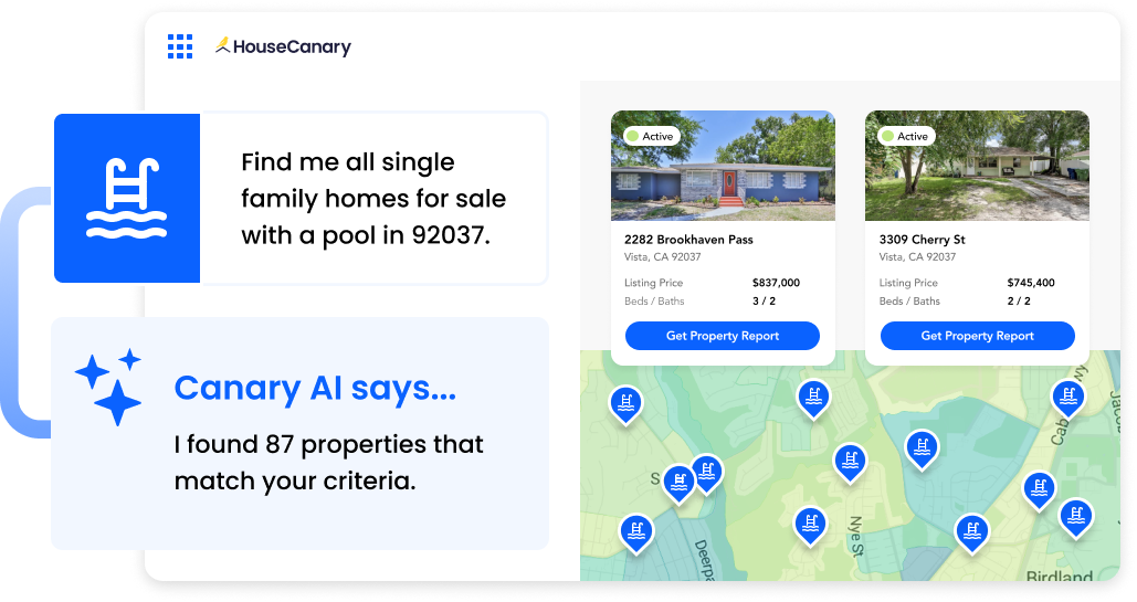 CanaryAI search interface returning matching property listings and a map for a natural language query