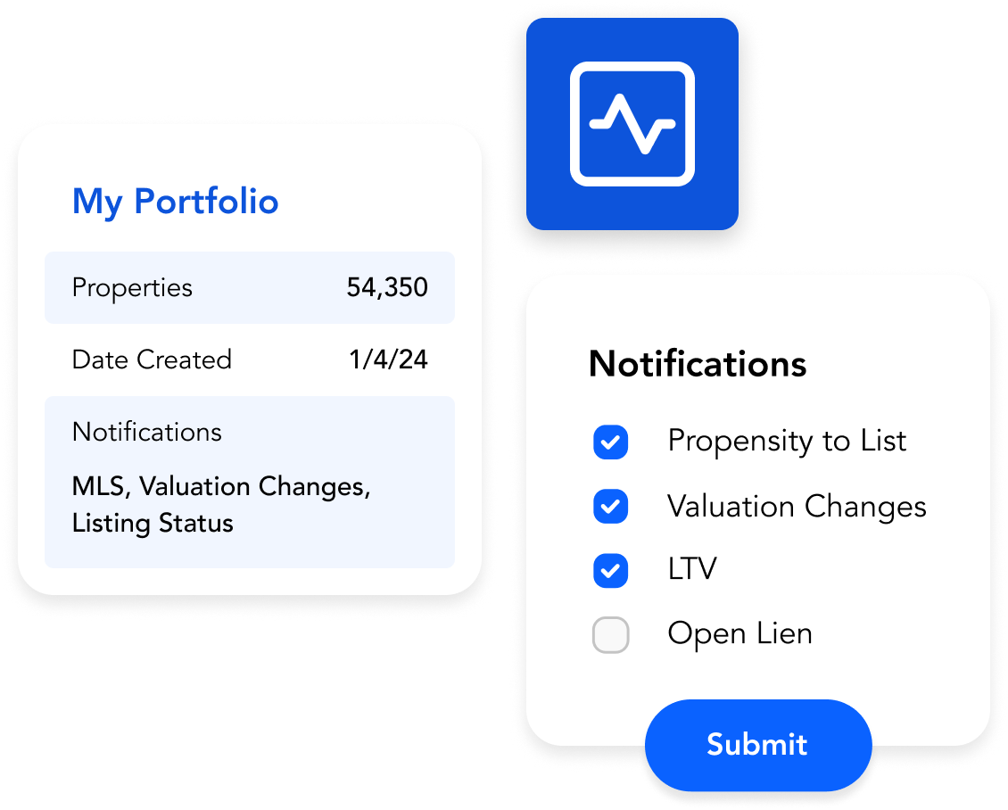 HouseCanary Portfolio Monitor dashboard showing a portfolio summary with notification settings for propensity to list, valuation changes, and LTV alerts