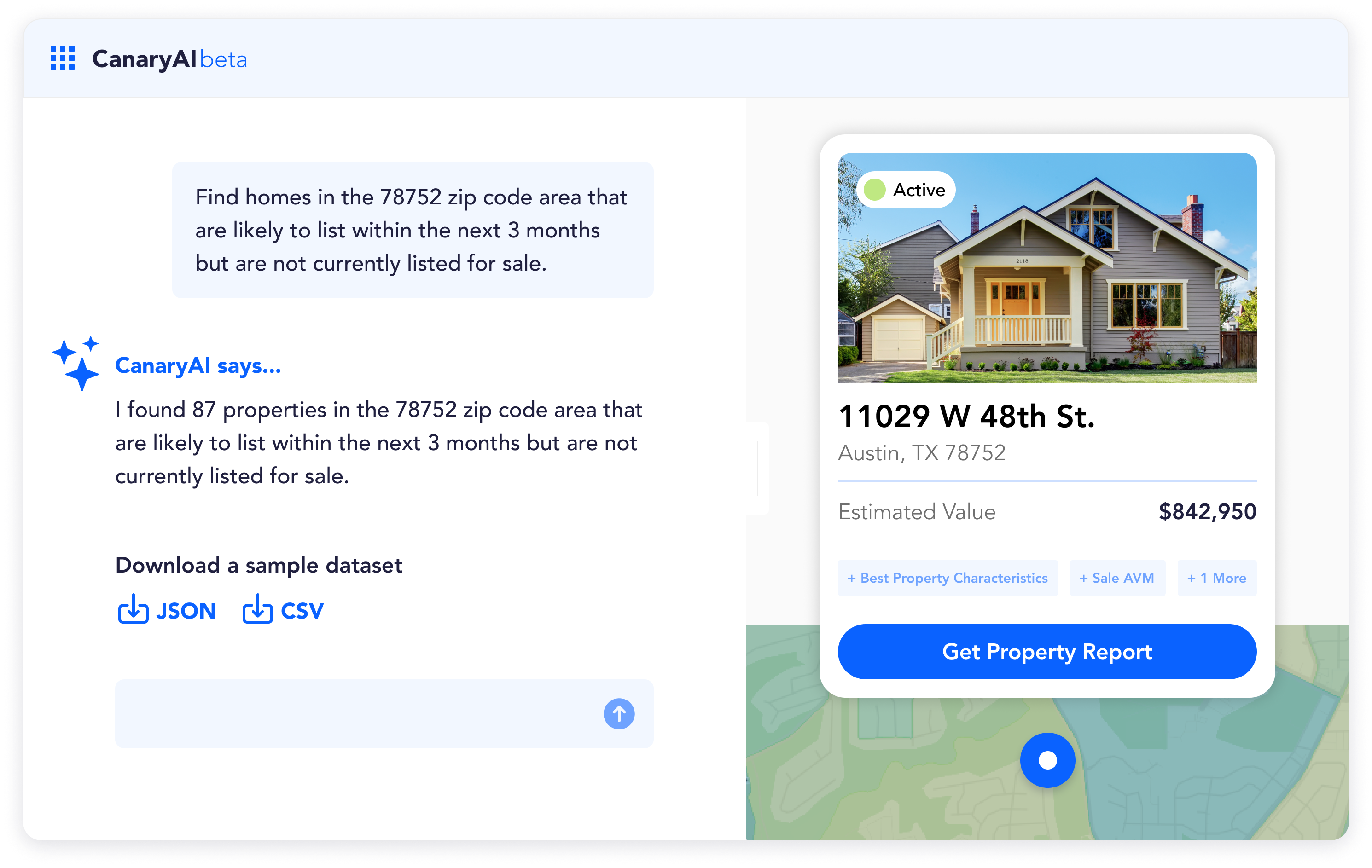 CanaryAI Propensity to List feature displaying off-market property leads with listing probability scores