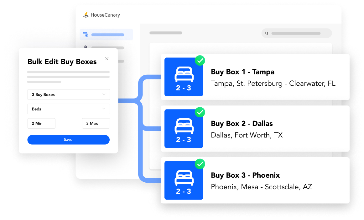 Acquisition Explorer buy box filters automatically matching investment properties to customized SFR acquisition criteria