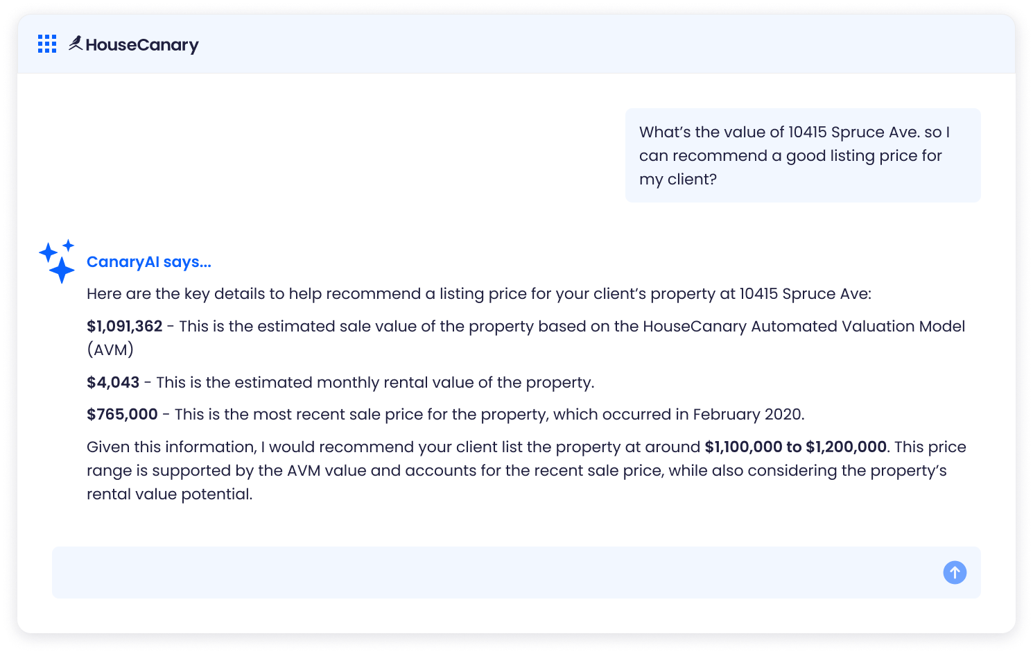 CanaryAI listing price recommendation powered by current market data and AI-driven property comparisons