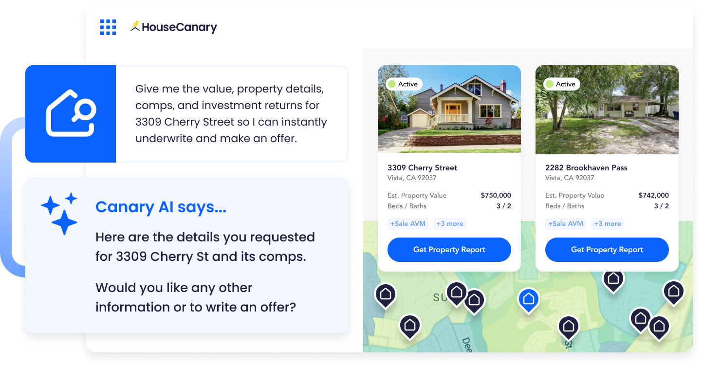 CanaryAI conversational interface answering rental valuation and market trend questions for investment analysis
