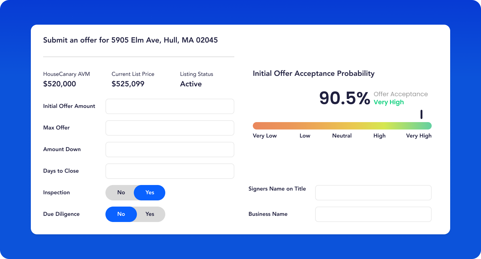 HouseCanary Brokerage Services platform for submitting property offers with down payment and closing details