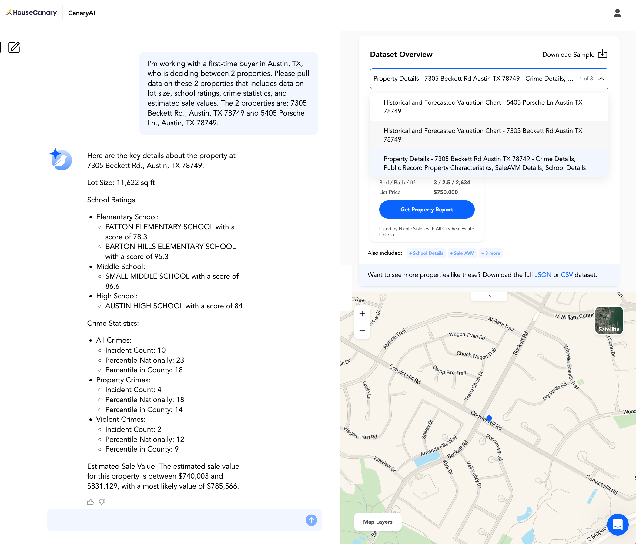 CanaryAI generating instant property comparisons with side-by-side characteristics and estimated sale values