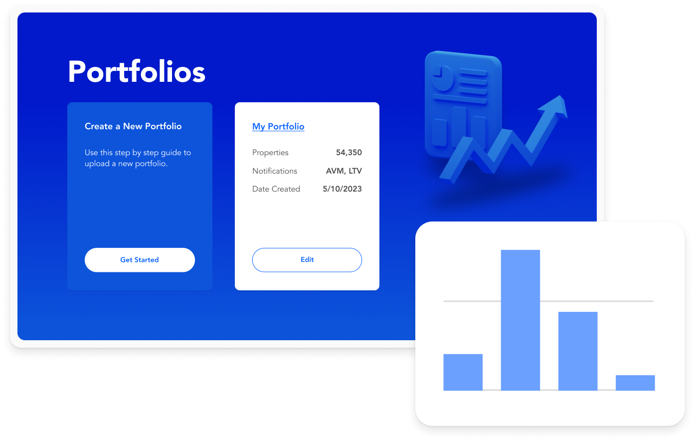 HouseCanary portfolio management interface for creating and managing property portfolios with analytics charts