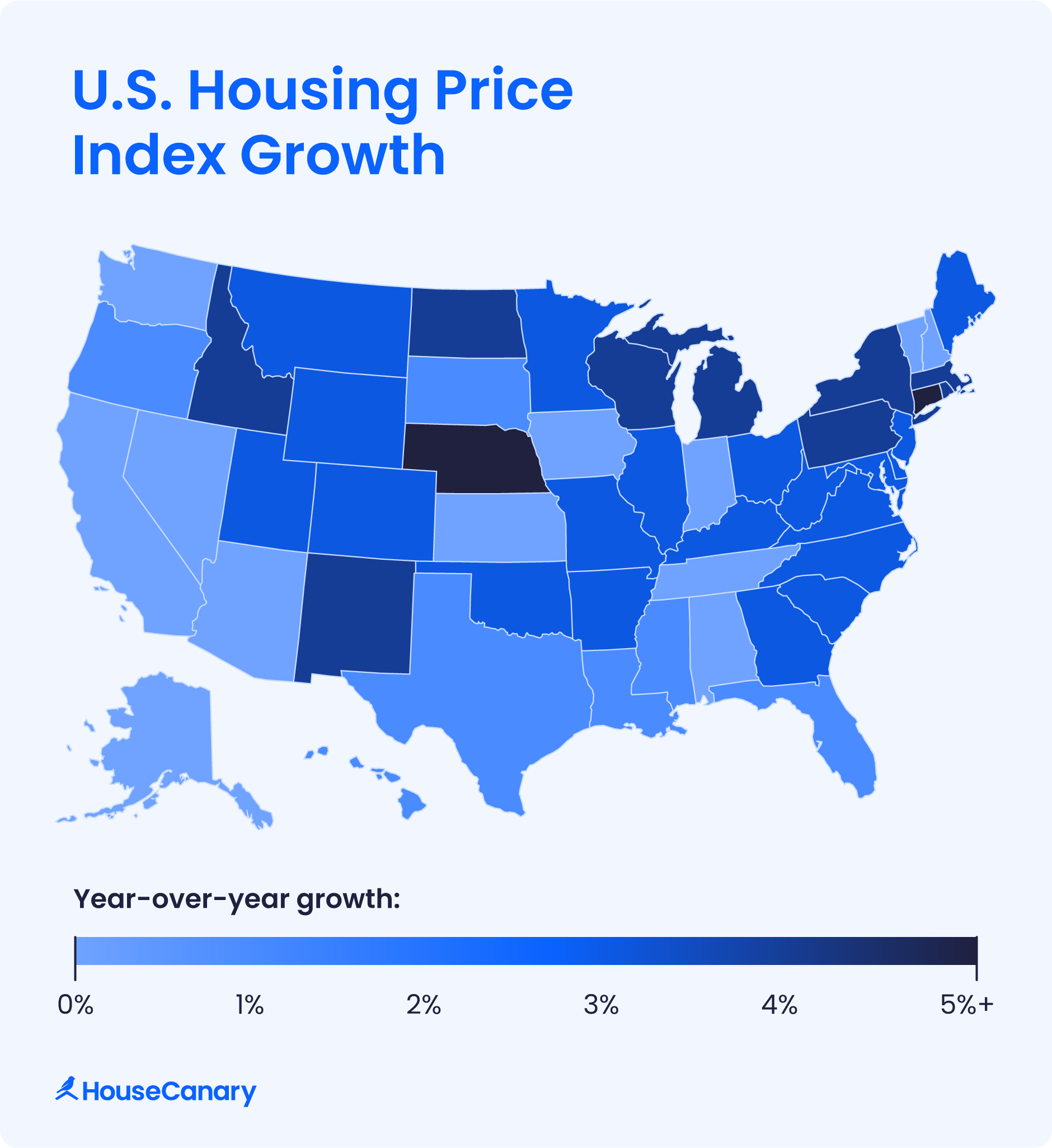 A U.S. heatmap showing housing price increases across each state year-over-year