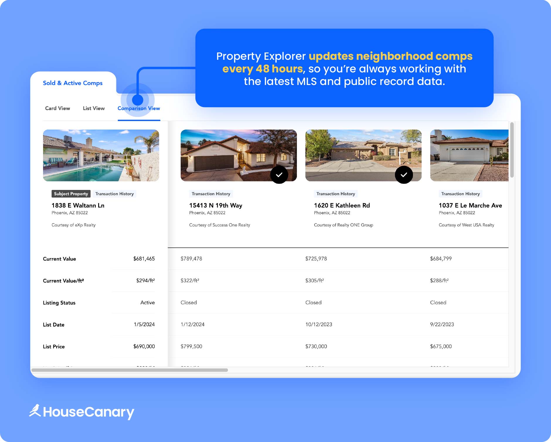Screenshot of HouseCanary’s Property Explorer tool highlighting the regularly updated comps