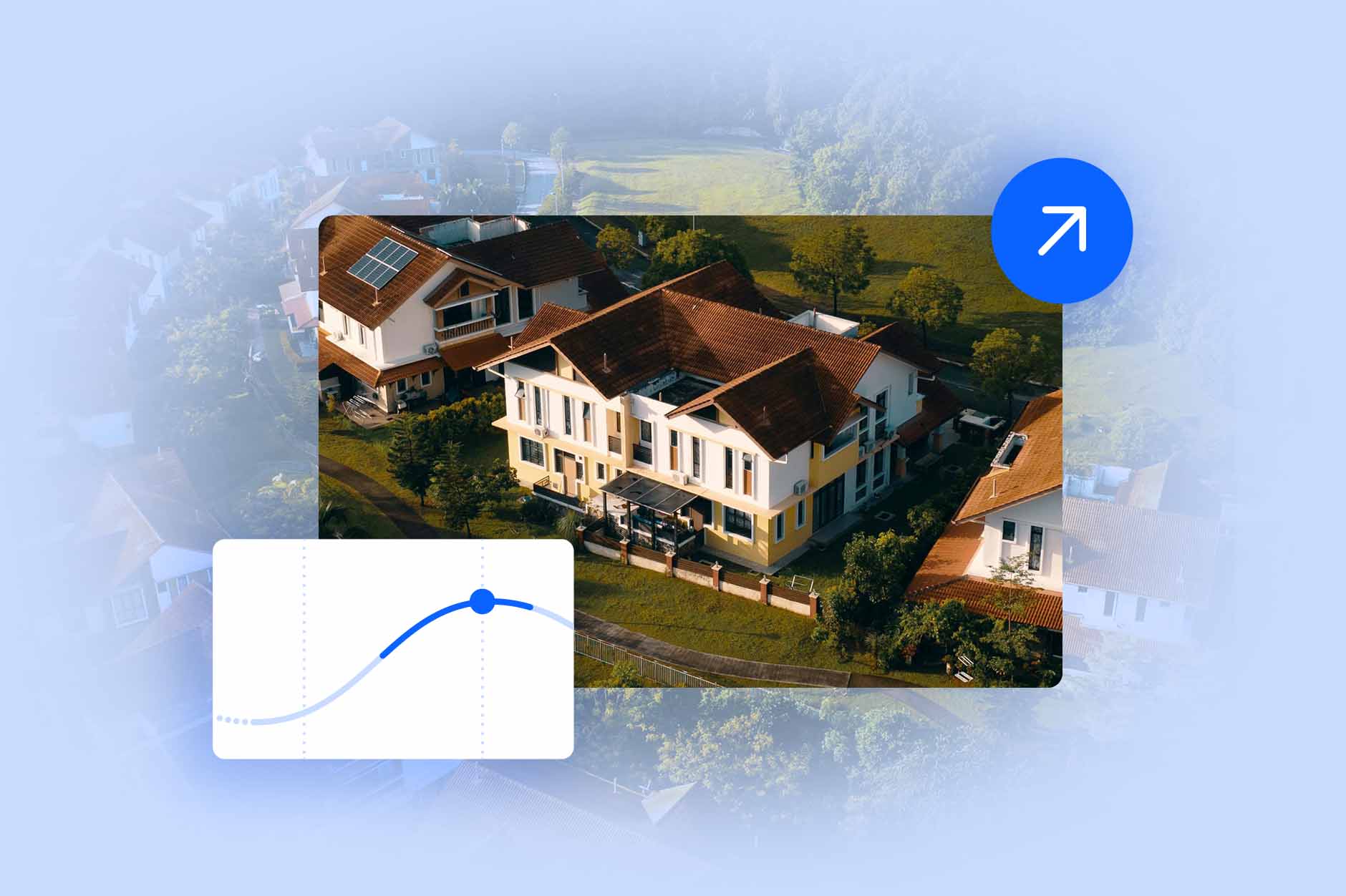 Image of several homes with an upward trending graph and arrow icon
