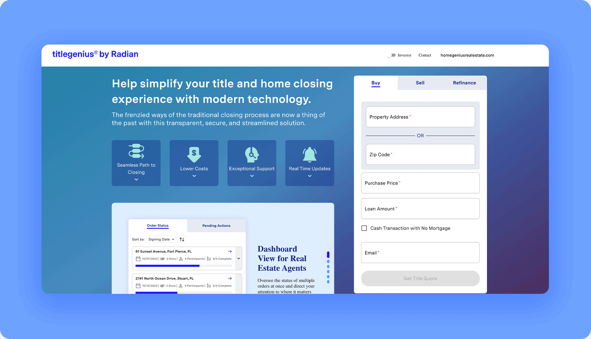 Screenshot of the real estate investment software Radian’s home closing features