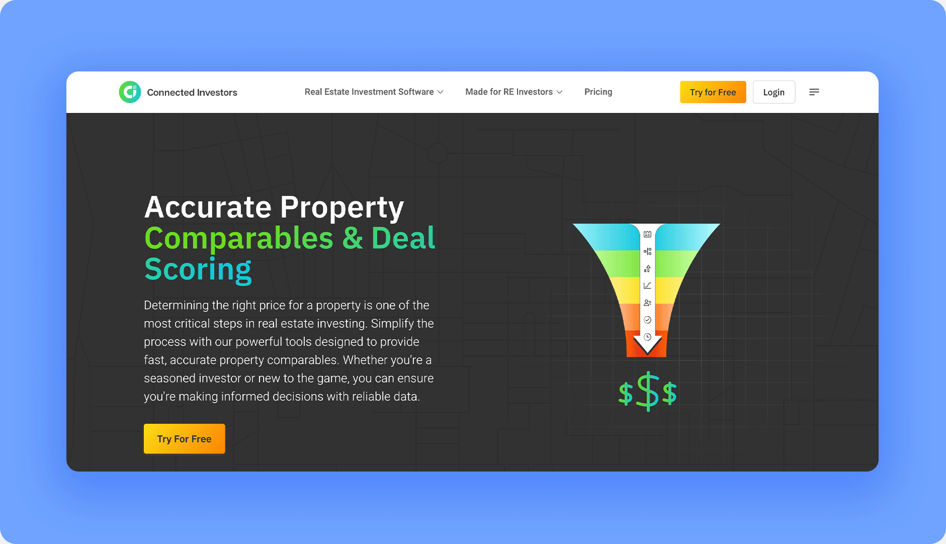Screenshot of the real estate investment software Connected Investor’s deal scoring feature