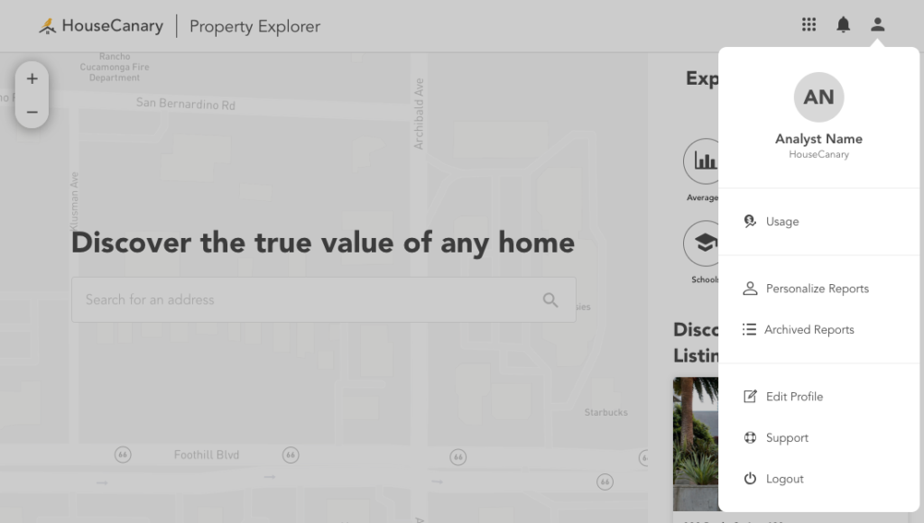 HouseCanary Property Explorer profile menu screenshot