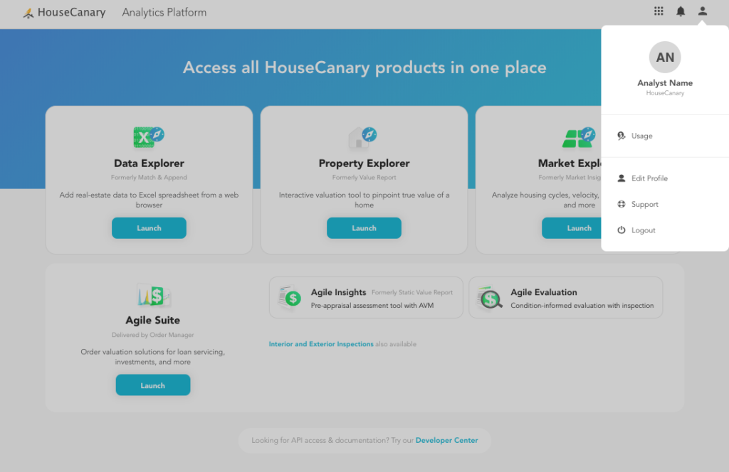 HouseCanary Analytics Platform profile menu screenshot