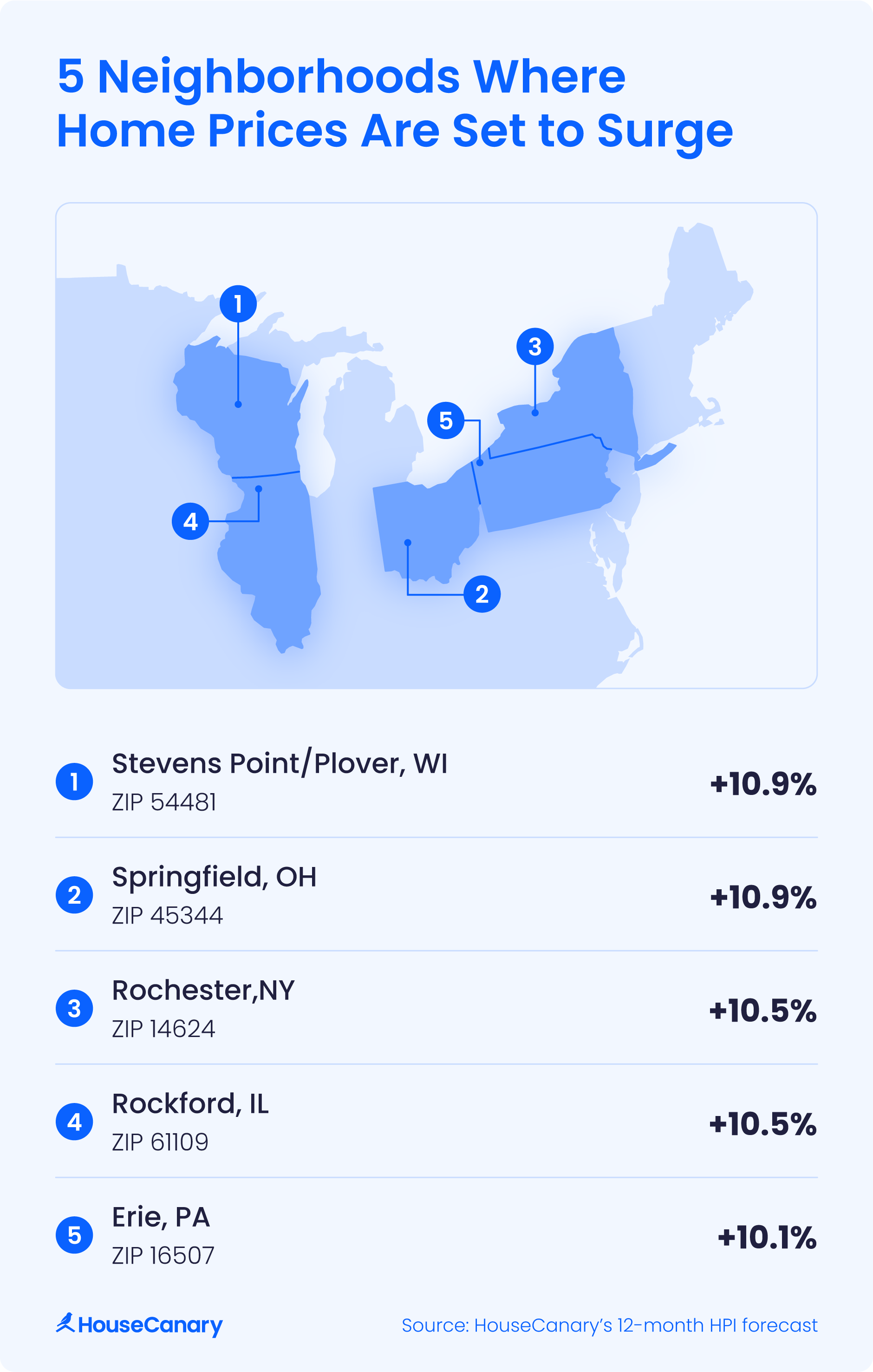 5 neighborhoods where home prices are set to surge highlighted on a U.S. map