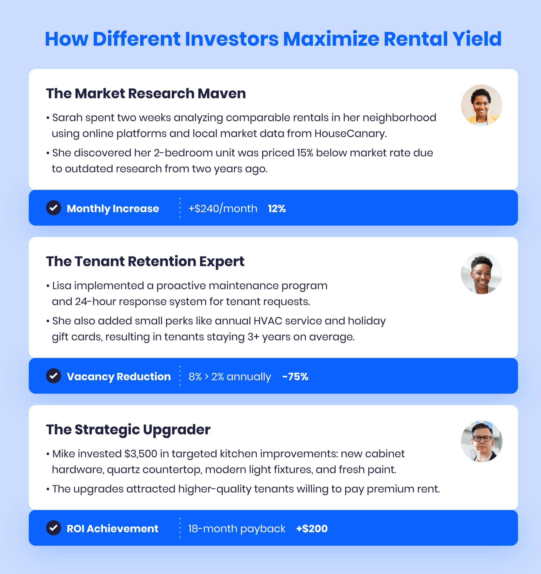 Infographic showing rental property improvements that increase rental yield including market research, strategic renovations, and energy efficiency upgrades