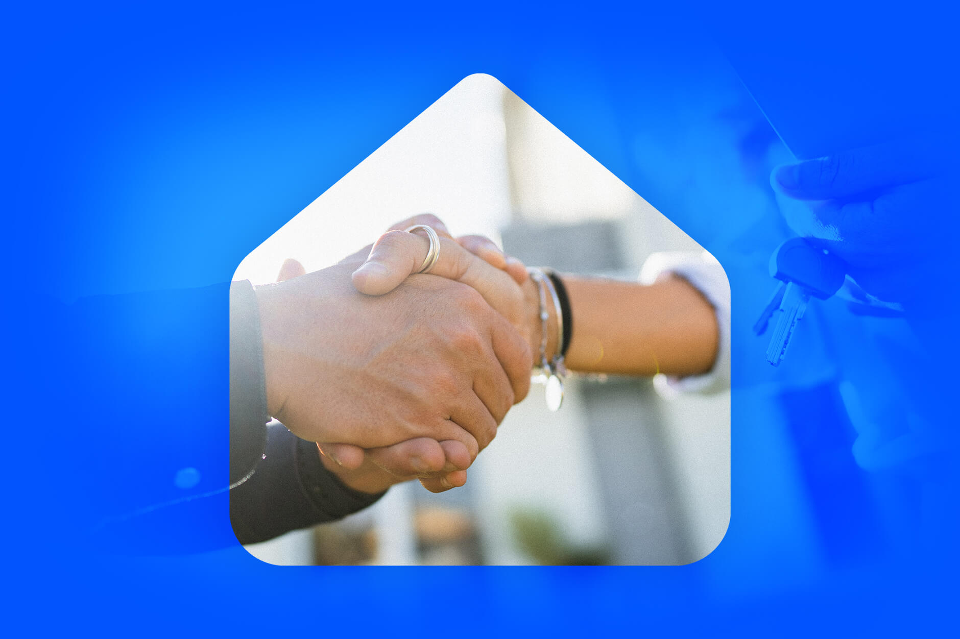 A handshake inside a home icon cutout with a blue background