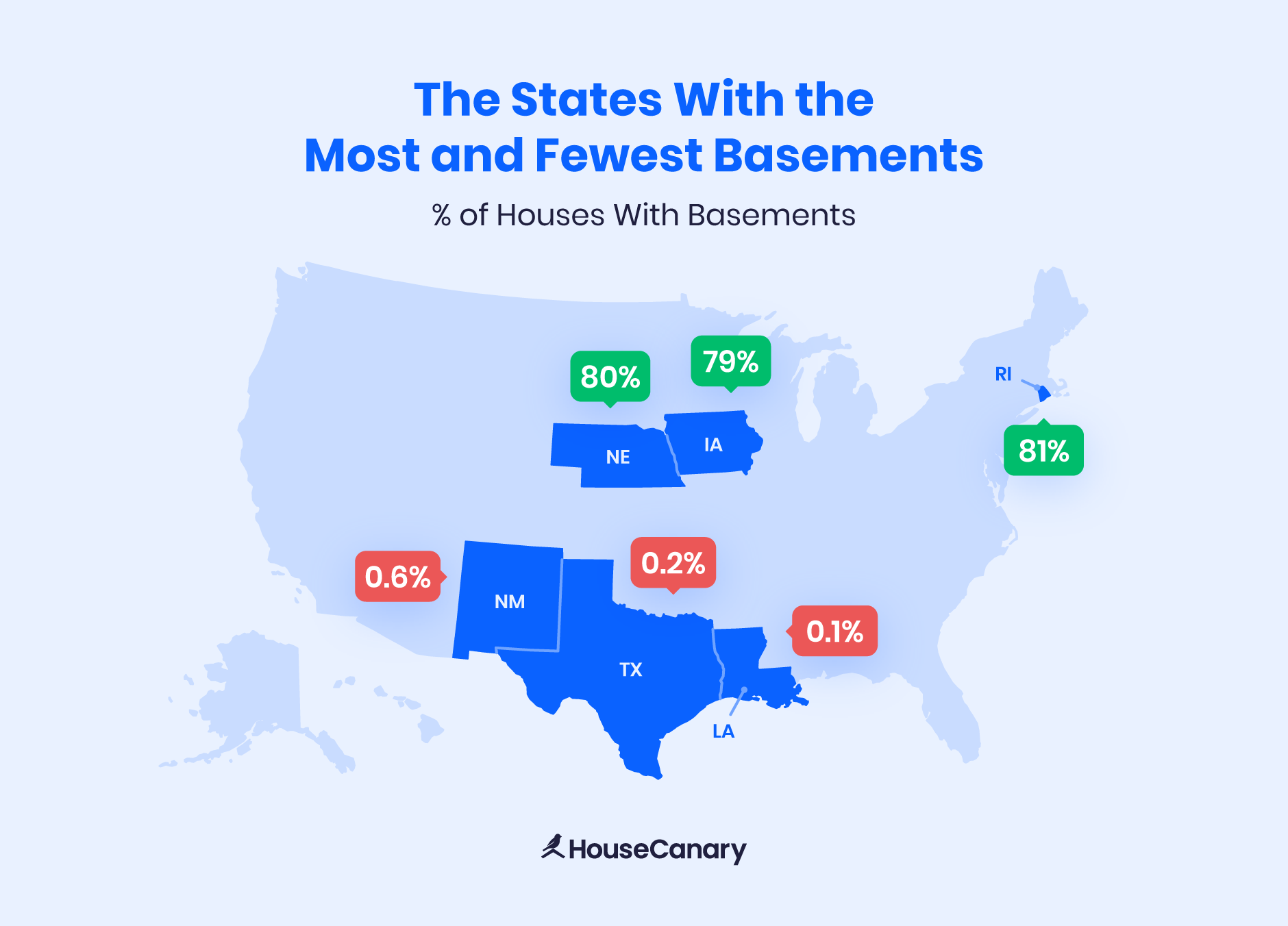 Map comparing basement prevalence by state. Rhode Island has the highest prevalence of basements. 
