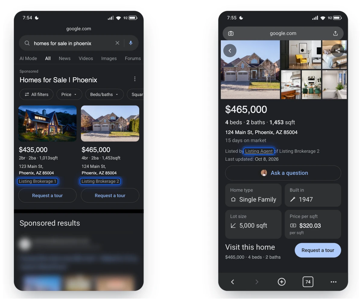 Two smartphone screens showing Phoenix home listings in Google mobile search: a Homes for Sale results carousel with listing brokerage attribution (left) and a listing detail page with listing agent attribution (right).