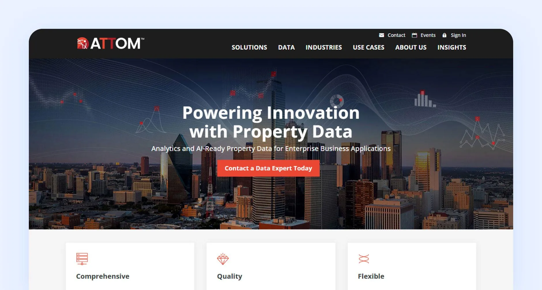 ATTOM homepage with text "Powering innovation with property data using analytics and AI ready property data"