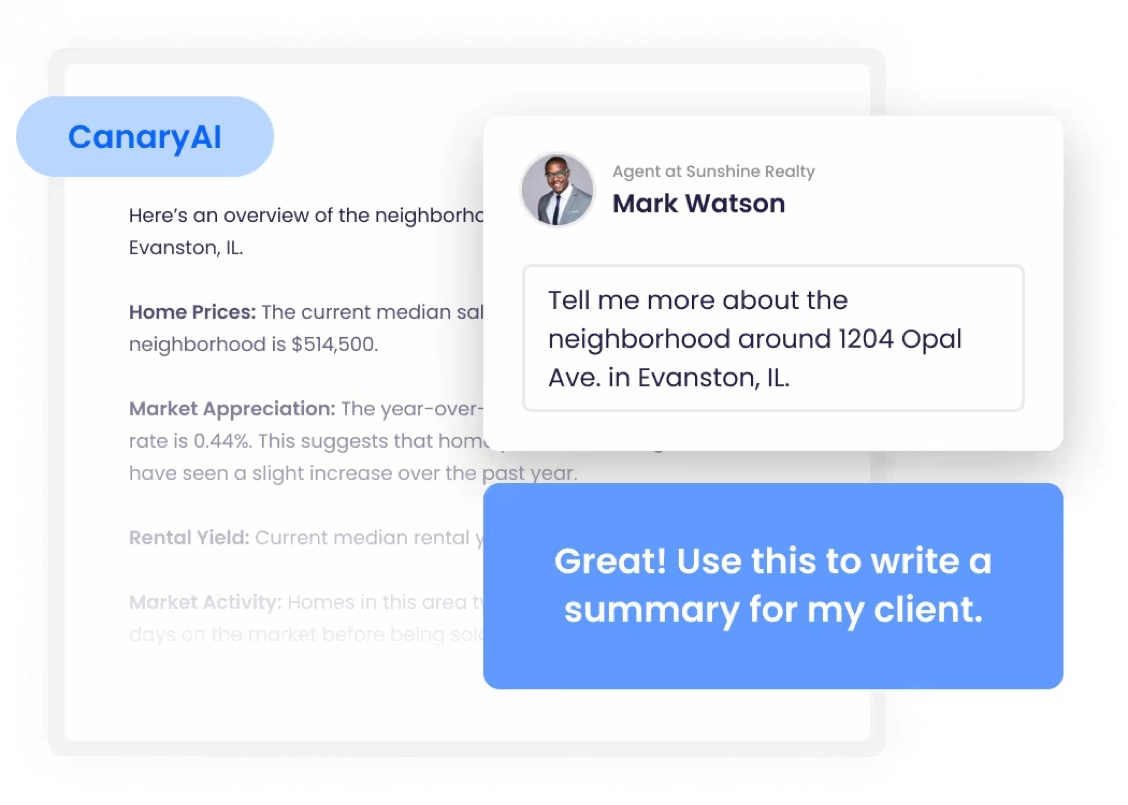 Agent asking CanaryAI to draft a client-facing neighborhood summary from a completed market analysis