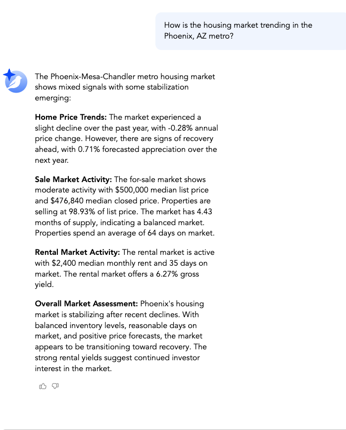 CanaryAI answering a natural-language housing market question with HouseCanary data on price trends, sale activity, and rental yield