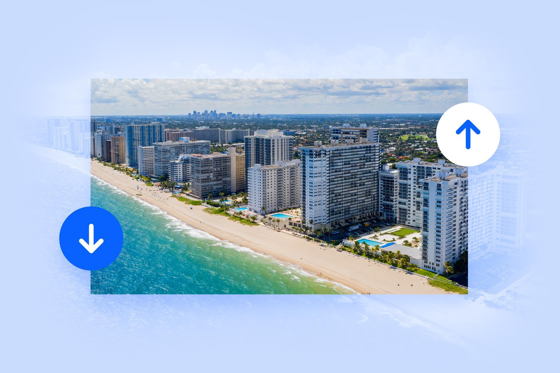 Florida beach and condominium image with both upward and downward arrow icons