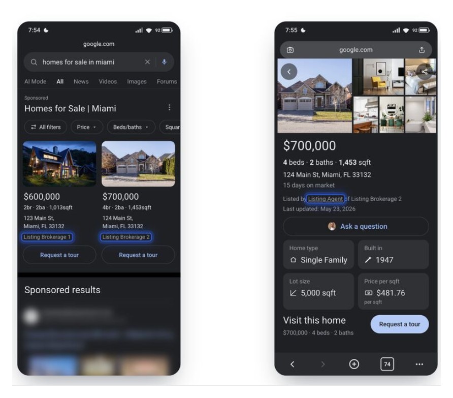 Two smartphone screens showing MLS listings in Google mobile search: a Homes for Sale results page with broker attribution (left) and a listing detail page with agent attribution (right).