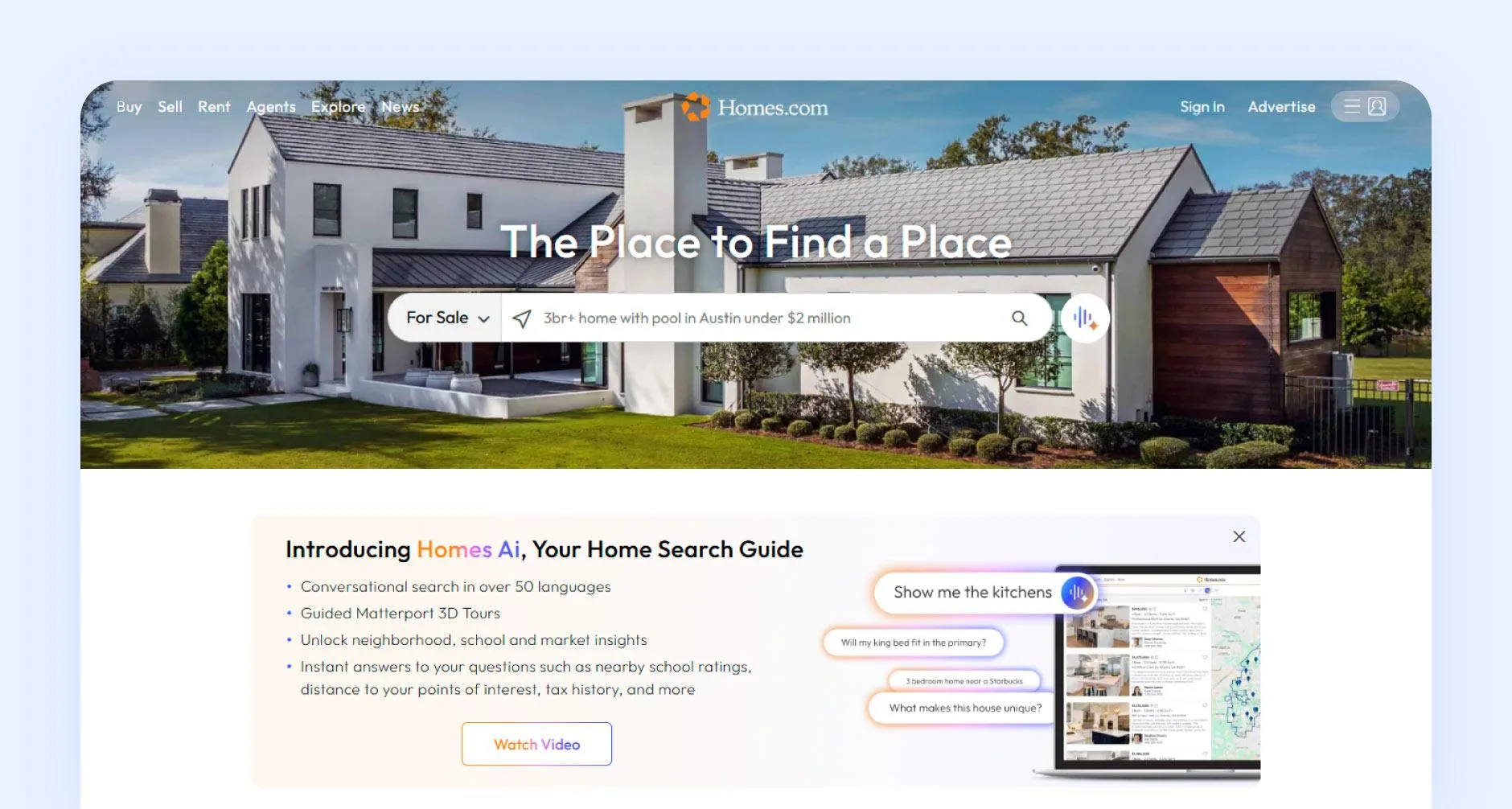 Homes.com homepage with text "The place to find a place. Use Homes AI as your search guide."