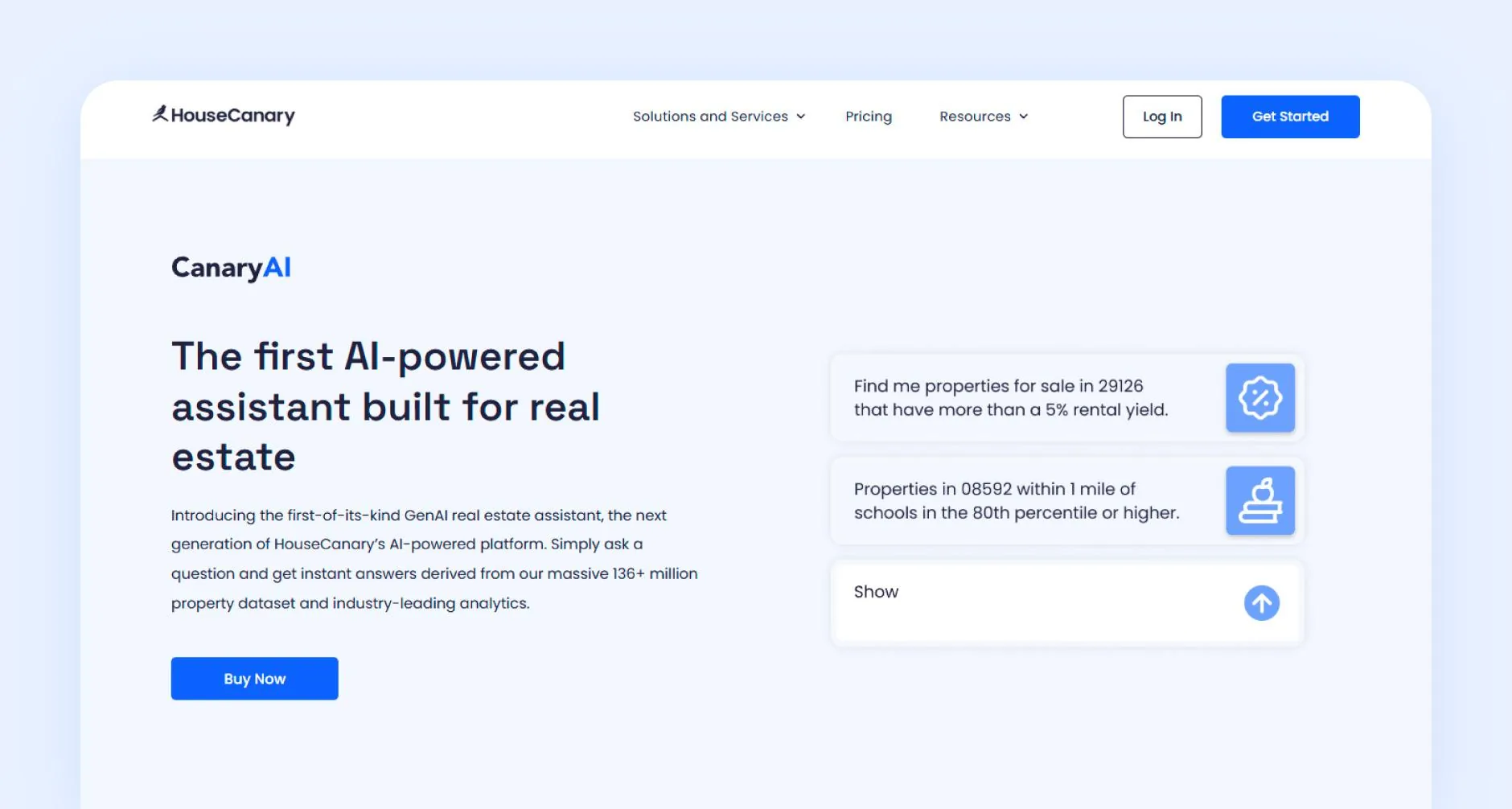 HouseCanary AI page with text "the first AI-powered assistant built for real estate"