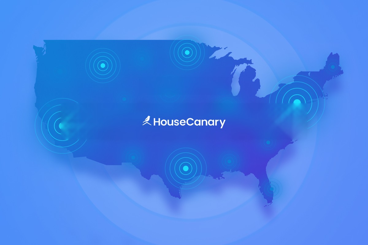 Map of the United States with HouseCanary branding and location pulse markers, representing the nationwide expansion of the Google listings program.