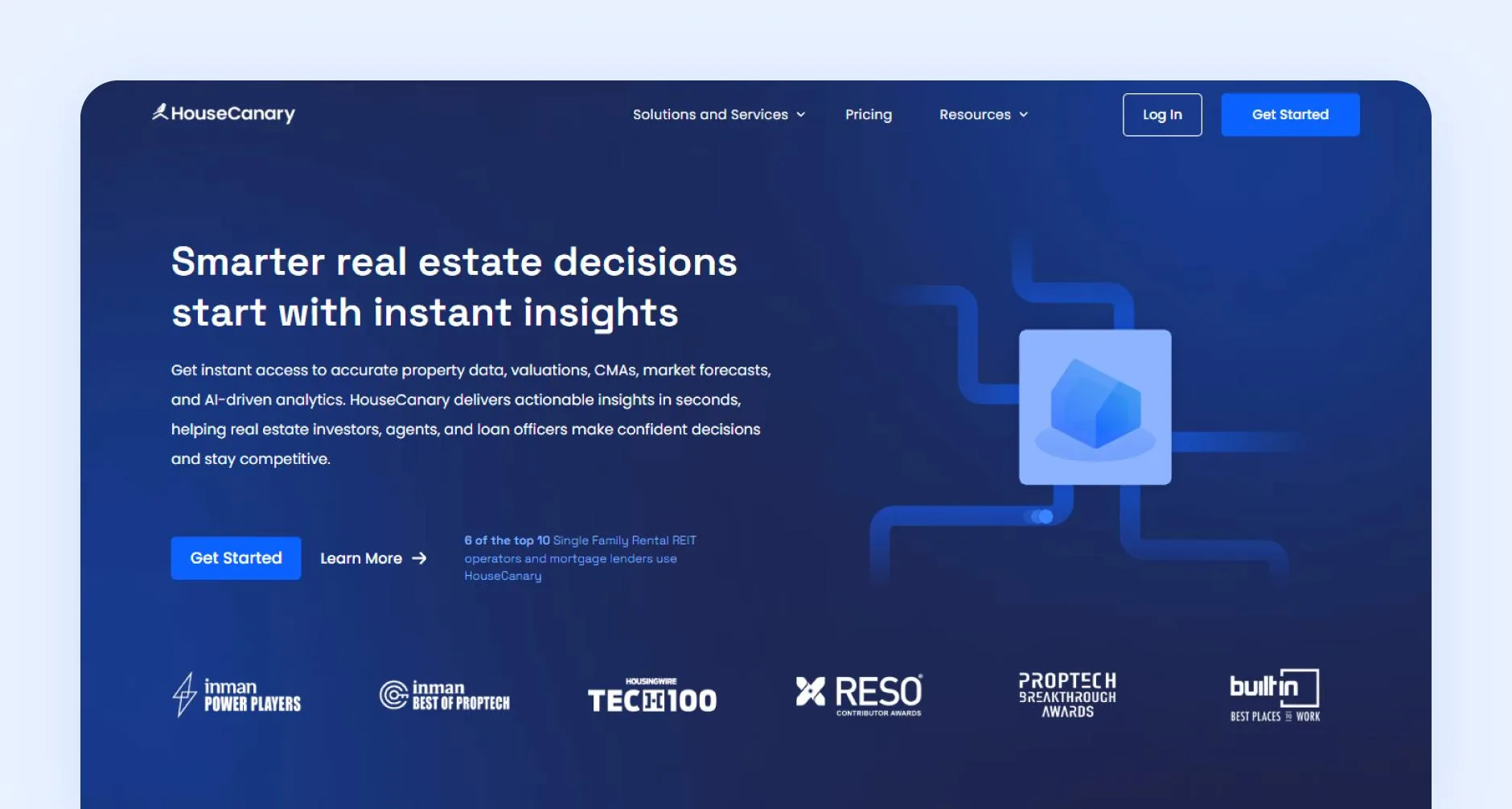 HouseCanary homepage with text "smarter real estate decisions start with instant insights"