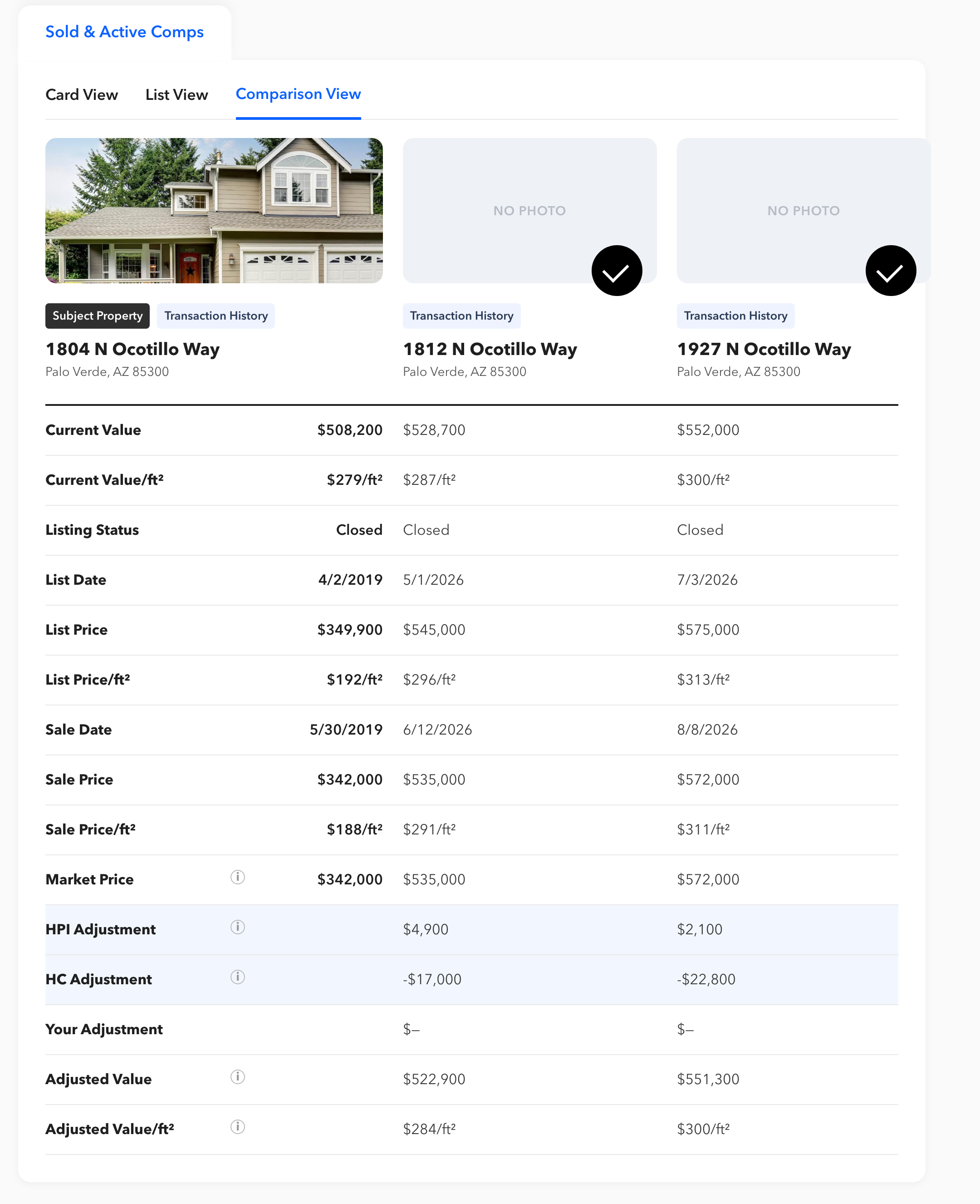 How to adjust comps in a CMA: Property Explorer Comparison View with HPI adjustment, HouseCanary adjustment and adjusted value per comp