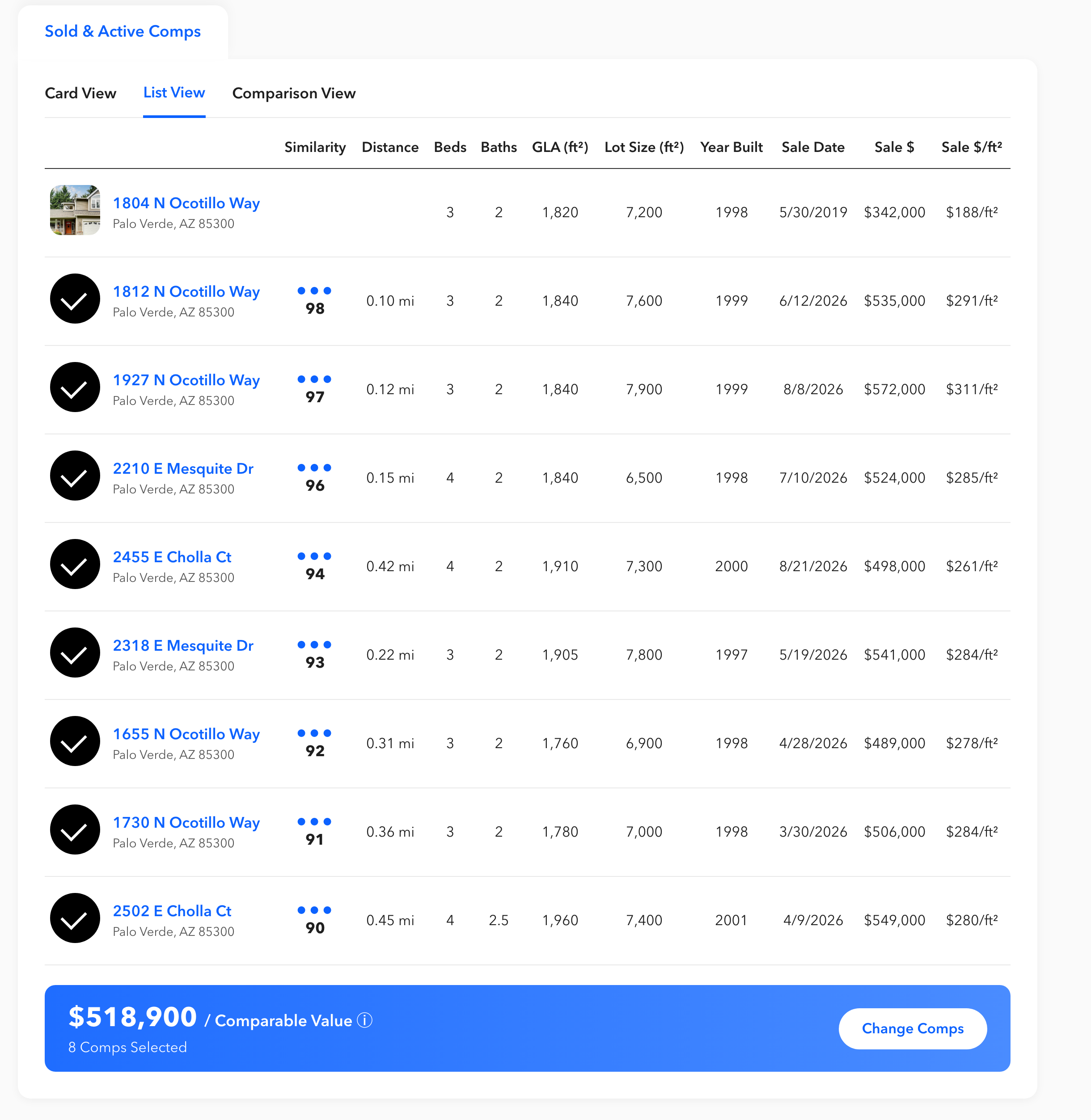 How to pick comps for a comparative market analysis: Property Explorer comps list with similarity scores, distance, sale dates and sale prices