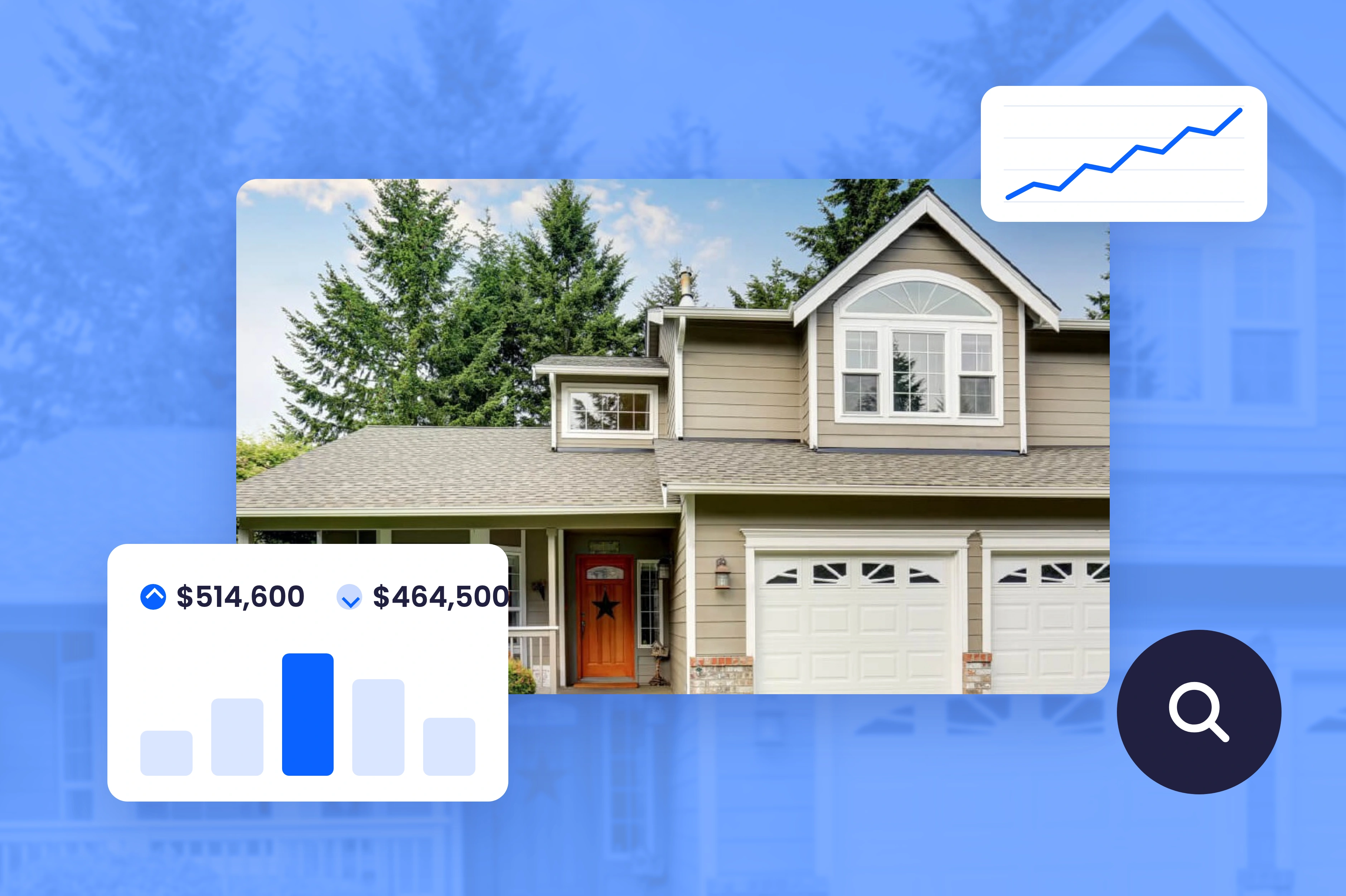 Real estate agent's comparative market analysis: comparable home with adjusted price range and market trend overlay